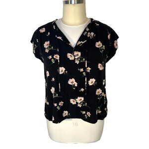 Buffalo - Women's XXL Blouse Peasant Pullover Black Floral Cap Sleeve Tie VNeck